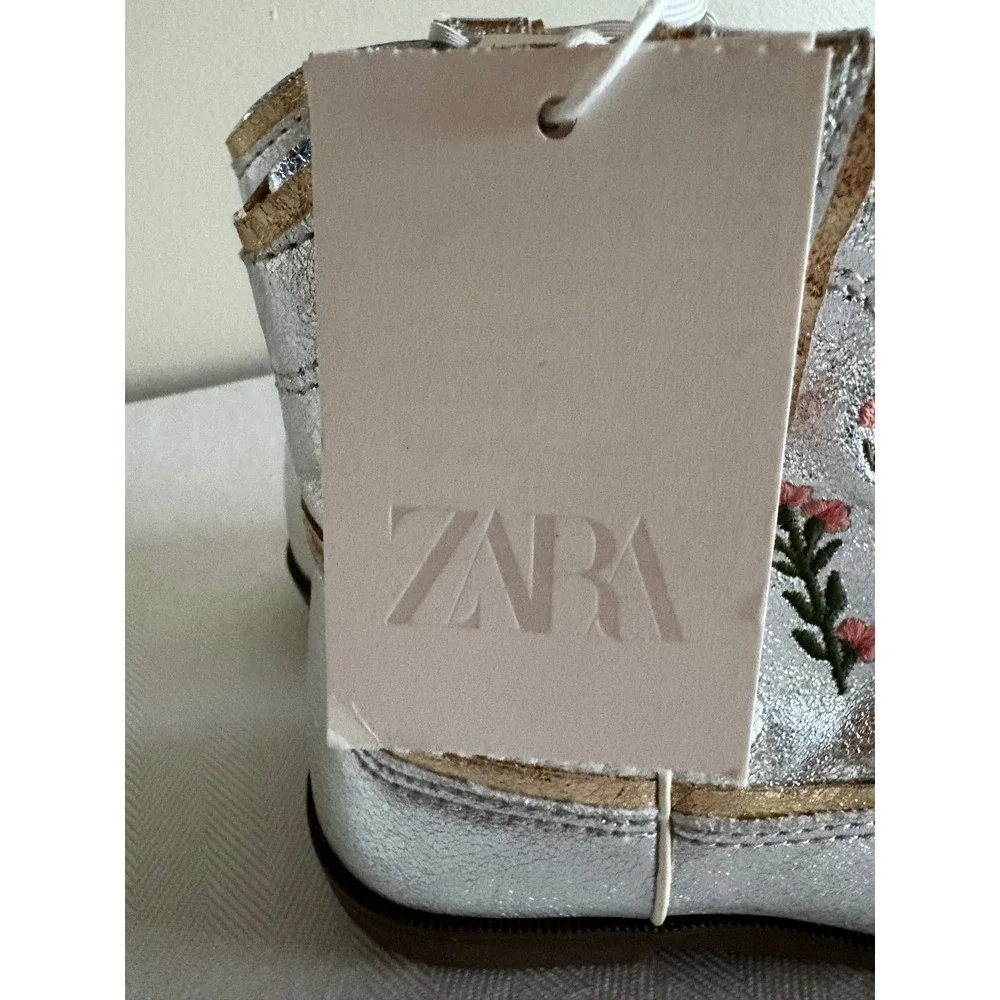 Zara Kids Silver Metallic Embroidered Cowboy Boots Toddler Size 9.5 EU 26 NEW